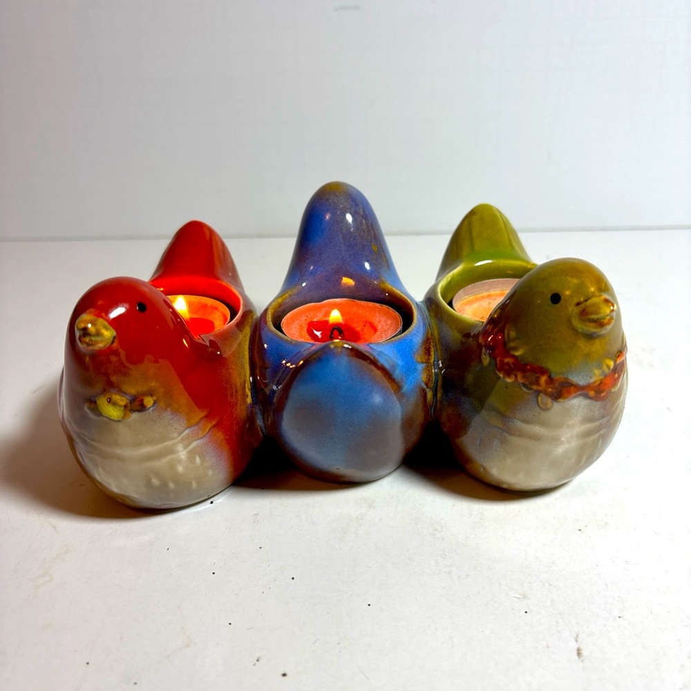 3 Little Birds Tea Light Holders Glazed Pottery Attached Birds, Cottage Core